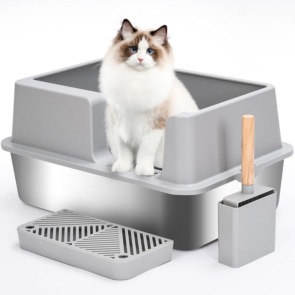 KMNSUN Lettiera Gatto Grande, 61x 41x 31CM XXL Lettiera per Gatti in Acciaio Inox, Ingresso Laterale (per Evitare Che la Lettiera del Gatto Voli Fuori), Pedale Antiperdita per la Sabbia