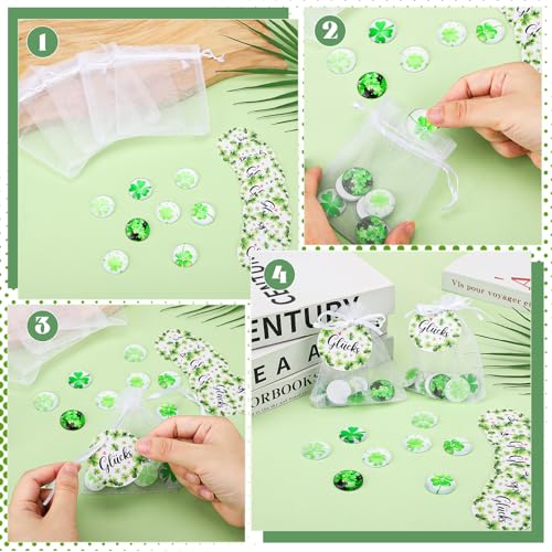 25 Stück 25mm Glückssteine für Kinder, Kleeblatt Flatback Glascabochons, Glücksbringer mit 24 Säckchen und 24 “Glücks” Vierblättriges Grußkarten für Frauen Paare Freunde Familie DIY Handwerkliche