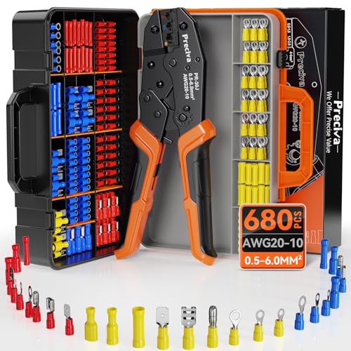 Preciva Crimpzange Set Kabelschuhzange mit Ratschenmechanik + 680 farbcodierte Kabelverbinder (0 5-6mm) Komplettset für Auto Elektroinstallation & Heimwerker