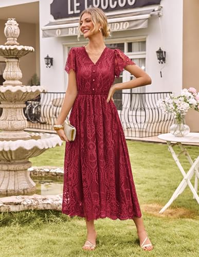 GRACE KARIN Women's V Neck Short Sleeve Buttons Floral Lace Wedding Dress Bridesmaid Cocktail Party Maxi Dress3