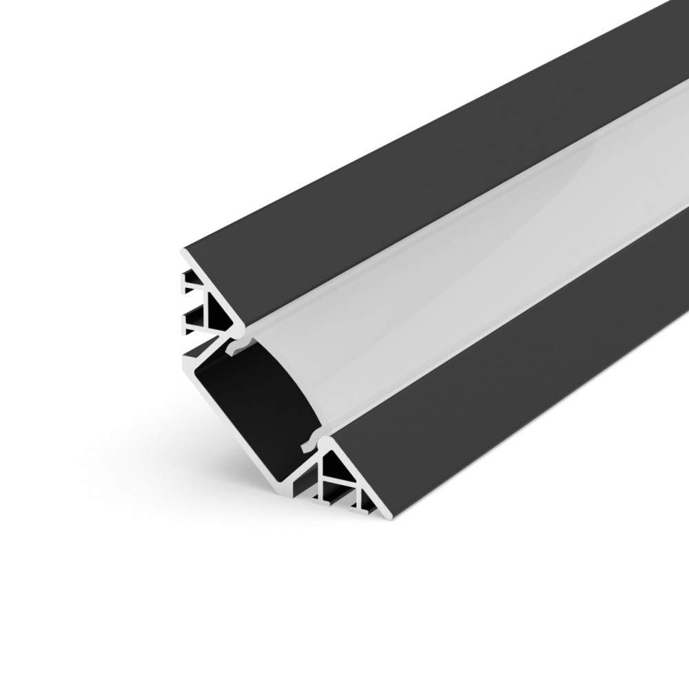 Marc Led Ltd Black Ew3 1M Flush 45° Surfaced Corner Led Aluminium Extrusion With Diffuser - Milky, No End Caps