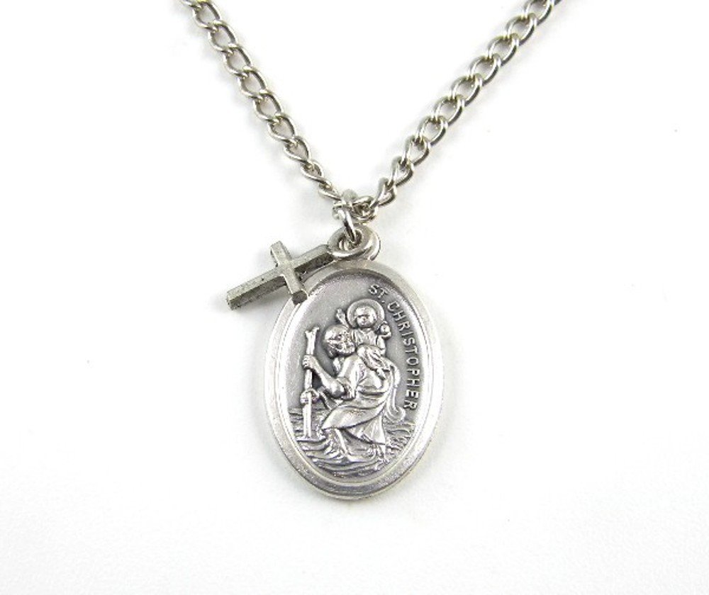 St. Christopher Patron Saint of Travel Medallion Necklace with Cross Dangle TVT-SCH