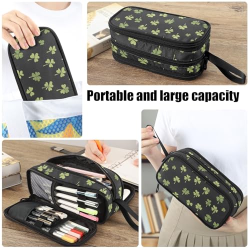 Image of Fustylead Saint Patricks Green Lucky Shamrock Large Pencil Bag Storage Pen Case Makeup Pouch Stationery Bag for School College Office Organizer
