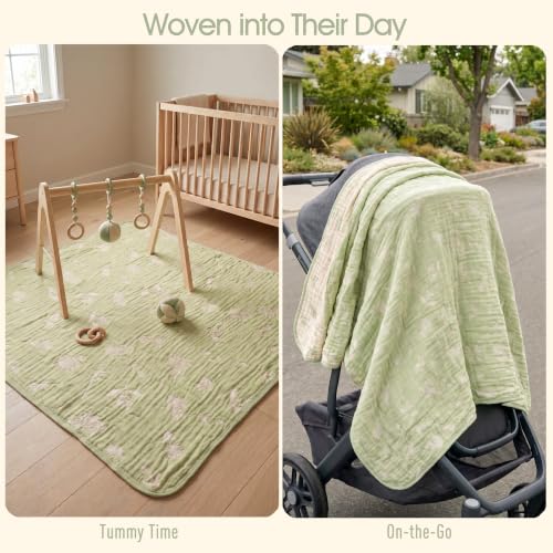 Image of Ultra Soft Muslin Baby Blanket - Made with Organic Cotton, Earthy Botanicals Jacquard Swaddle & Crib Quilt, 43x43 (Sage Green Floral)