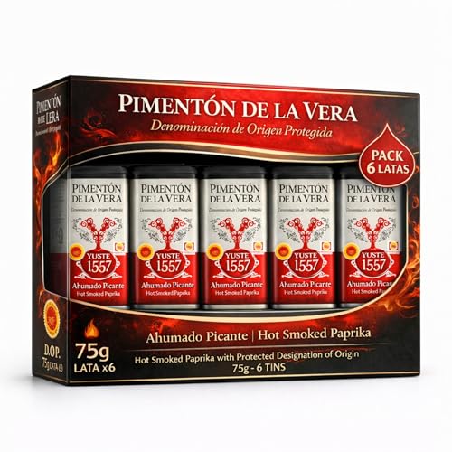 Pimentón de la Vera Ahumado Picante, Denominación Origen Protegida, Pimentón Yuste 1557, Producido en Extremadura, Ideal para guisos, carnes, salsas, embutidos y platos tradicionales, 6 botes de 75 gr