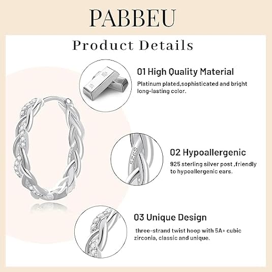 PABBEU Sterling Silver Twisted Hoop Earrings for Women Cubic Zirconia Hoops