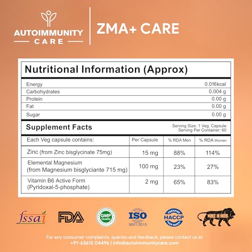 Image of ZMA+ Care | Zinc Magnesium Supplement with Vitamin B6 | Supports Sleep, Muscle Recovery, Brain Health, Immunity & Stress Relief | ZMA Supplement for Men & Women | 60 Caps (30 doses)