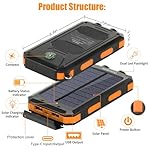 Solar Charger Power Bank, 20000mAh Portable Outdoor Waterproof Solar Battery Charger, Camping External Backup Battery Pack USB C Ports Input/Output, 2 Led Light Flashlight with Compass (Orange) - Image 2