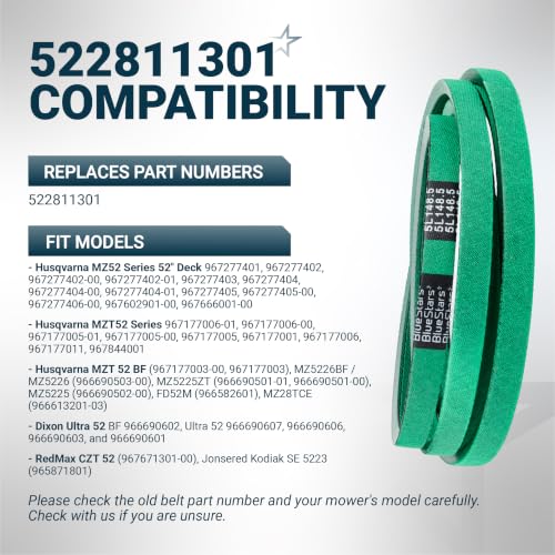 Image of [Upgraded Grip120] BlueStars 522811301 Deck Belt Aramid Cord 148.5 inch x 5 /8 inch | Deck Belt for 52 Inch Husqvarna MZ52 MZT52 MZT 52 BF MZ5226BF Dixon RedMax Zero-Turn Mowers Replaces 522811301 Mower Belt