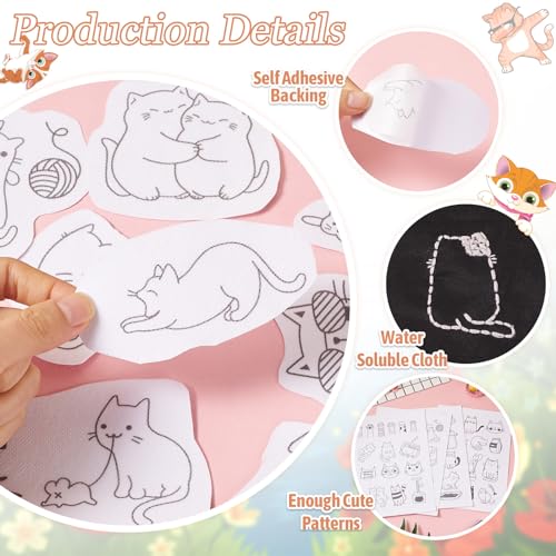 Image of Spritewelry 57 Pcs Cat Water Soluble Embroidery Patterns Kitten Cat Stick and Stitch Transfer Embroidery Paper Wash Away Adhesive Stabilizers for Hand Sewing Beginners Starter Adult
