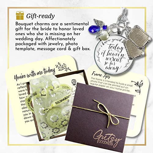Image of Bouquet Photo Charm Wedding Memory Something Blue Angel - I Know You'd Be Here If Heaven Honor Love One, Silver Finish Handmade Bridal Jewelry White Glass Pendant 2 Frames Gift Message & Box for Bride