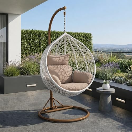 Home Mart Hanging Egg Chair with Stand Outdoor Patio Swing Chair White Rattan Basket Brown Frame Light Brown Cushions for Balcony Garden Terrace