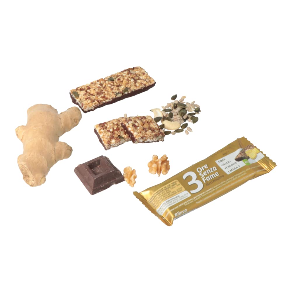 Rilevo- 3 Ore Senza Fame allo Zenzero Bio Barretta Naturale con Semi,Cereali con Zenzero Bio e Piede di cioccolato fondente 30 gr (Collo da 50 Barrette)