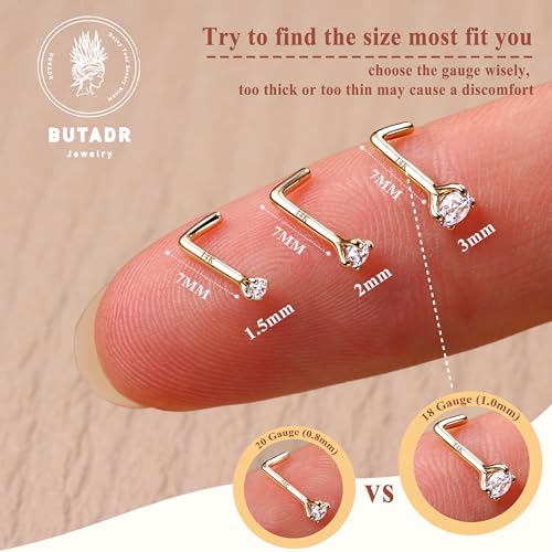 14K Real Gold Nose Studs, 18G 20G Solid Gold L Shaped Nose Rings, Simulated Diamond CZ Hypoallergenic Nose Piercings for Women Men 1.5 2 3MM4