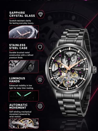 Image of Giordano Premier Fortezza Collection Automatic Watch for Men with Skeleton Round Dial, Luminous Hands and Markers, Stainless Steel Strap - GZ-50225