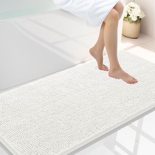 Smiry Luxury Chenille Bathroom Rugs 40x24, Extra Soft and Absorbent Shaggy Bath Mat, Machine Washable, Non-Slip Plush Carpet Runner for Tub, Shower, and Floor, Home Decor Accessories, Ivory