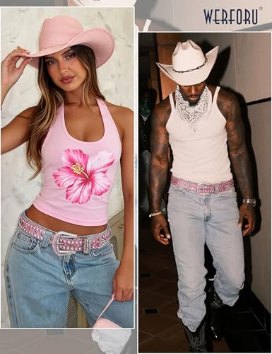 Image of WERFORU Women Men Western Rhinestone Studded Leather Belt Unisex Bling Cowgirl Cowboy Waist Belt for Jeans Pants Dress