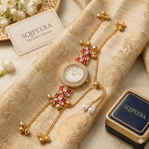 Image of Kashmiri Watch for Women | Gold Tone Round Dial | Crystal Studded Floral Design | Adjustable Chain Traditional Ethnic Jewellery Gift