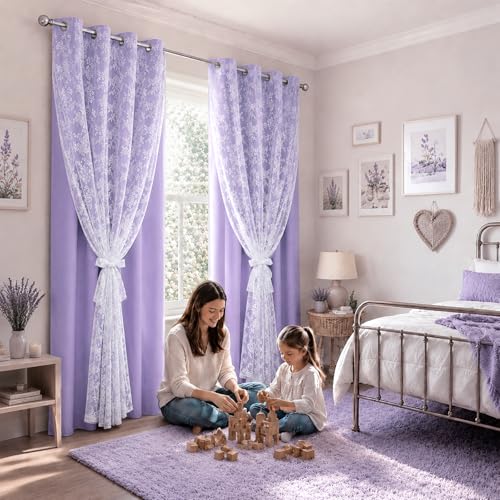 Image of Yinhua Purple Curtains for Girls Room Double Layer Blackout Curtains for Bedroom 84 Inches Long Nursery Curtain for Living Room, Grommet Drapes with Tiebacks, 52 inch W x 84 inch L
