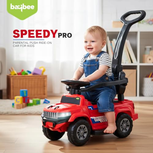Image of Baybee Speedy Pro Baby Ride on Car for Kids with Parental Handle | Toy Rideons Jeep with LED Lights, Music | Portable Kids Car with Backrest & Basket | Toddler Push Baby Cars for 1 to 3 Years (Red)