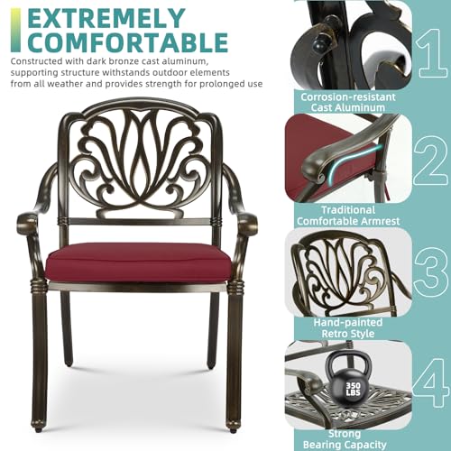 Image of MEETWARM 7-Piece Outdoor Patio Dining Set, 6 Outdoor Dining Cushioned Chairs and 1 Rectangle Table with 2 inch Umbrella Hole, All Weather Cast Aluminum Patio Funiture Set for Backyard, Chili Red