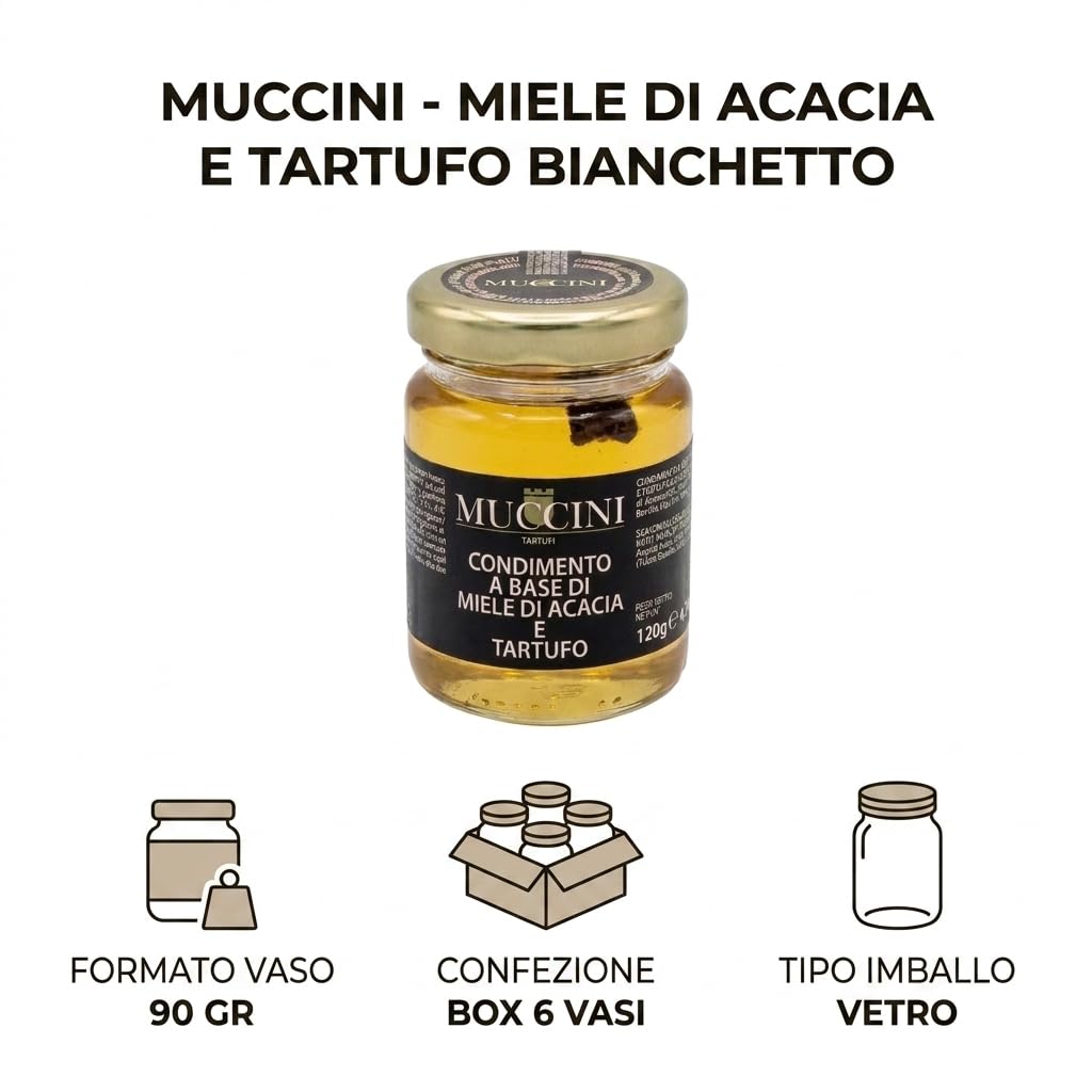 Muccini Miele di Acacia con Fette di Tartufo Bianchetto, Vaso da 90g (Confezione da 6 Vasi)