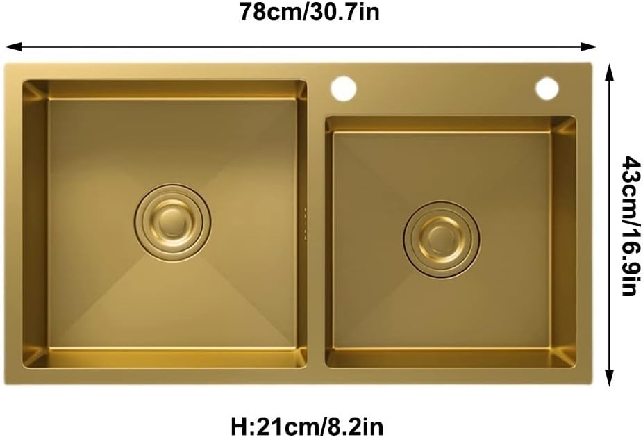 Large Gold Double Bowl Bar Prep Sink Home 304 Stainless Steel Kitchen Sink RV Sink Drop-in Or Undermount (Color : Gold-1, Size : 80x45x22cm) (Gold1 78x43x22cm)