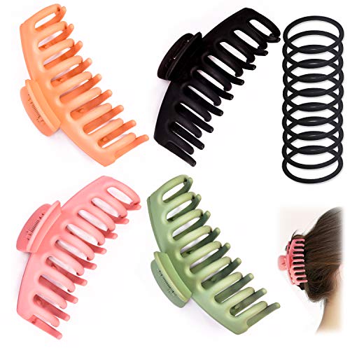 Hair Claw Clips , 4 Inch Large Hair Claws Clip for Women with 10 pcs Hair Ties for Thick Hair (4 Color) …