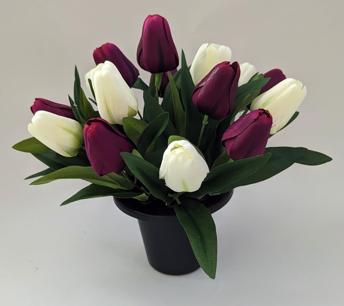 Artificial Tulips in Grave Pot - Purple/Ivory Flowers - Vase Insert Spring Memorial Tribute
