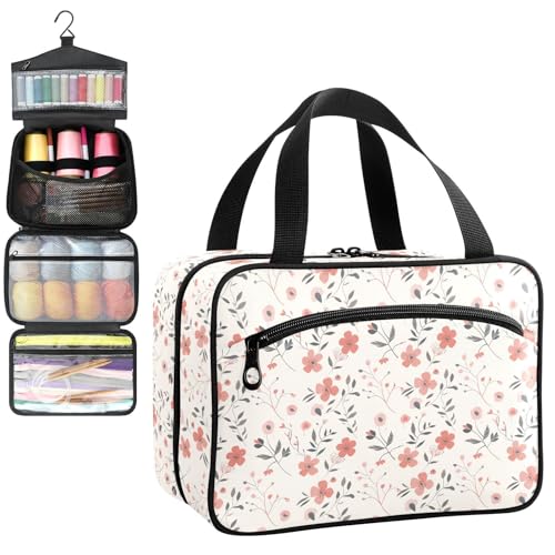 YNNALE Sewing Supply Organizer Bag, Cute Pink Floral Pattern Beige Portable Sewing Bags with Pockets&Hanger, Sewing Storage Box Case for Sew Supplies/Kit/Tools/Accessories (BAG ONLY)