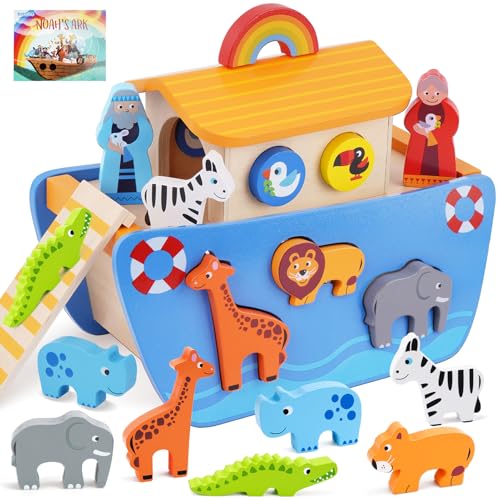Image of KMTJT Toddlers Wooden Noah's Ark Toy Animal Playset, Baptism Gifts for 1 2 3 Boys Girls, Shape Sorter Early Learning Montessori Toys with Bible Story Book for 12 18 24 Months Babies