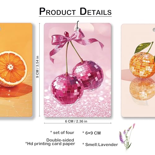 Image of Funky Y2K Cherry Orange Lavender Car Air Freshener, Preppy Coquette Bow Disco Ball Fruit Hanging Air Freshener 4 Pcs for Cars Closet Drawer Books, Cute Car Accessories Mirror Decor for Women