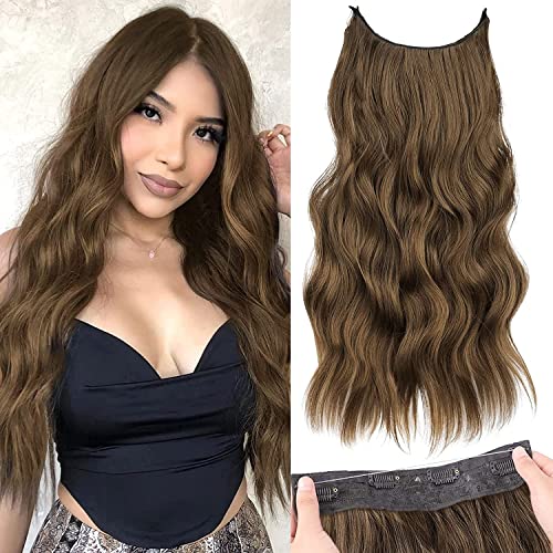 PORSMEER Invisible Wire Hair Extensions with Adjustable Size One Piece Long Wavy Curly Synthetic Hair Pieces with Removable Clips Secret Hair Extension for Women 20 Inch,Natural Chestnut Brown - Image 3