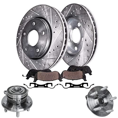 Image of Detroit Axle - Front Wheel Bearing Hubs Brake Kit for Jeep 2018-2020 | Grand Cherokee Dodge Durango Drilled Brake Rotors Ceramic Brake Pads Wheel Bearing Hubs Replacement [13.78 inch inch Rotors]