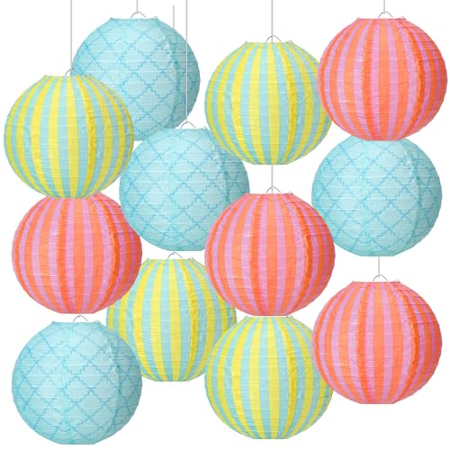 Baquler 12 Pcs Pool Party Hanging Lanterns Decorations, 8 Inch Round Paper Lanterns Ceiling Decor for Summer Class of 2026 Graduation Classroom Birthday Party Baby Shower(Funny Colors)