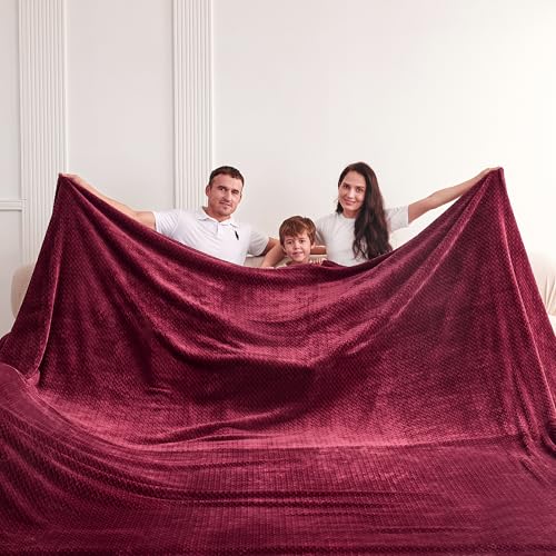 Oversized King Fleece Blanket 120x138 Inches, Seamless Soft Cozy 3D Jacquard Flannel Blanket 10'x11.5' Extra Large for Bed, Sofa, Couch, Travel & Camping, California King Throw, Burgandy Red Leaf