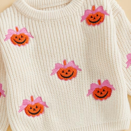 Baby Toddler Girl Halloween Sweater Top Long Sleeve Round Neck Bow Pumpkin Embroidery Knit Pullover Tops4