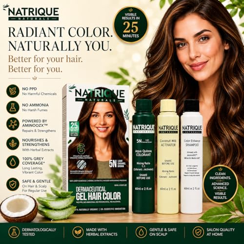 Image of Naturals Gel Hair Color Light Caramel Brown 5N | Amino Peptide Bond-Repair Technology | Ammonia, PPD & Paraben Free | 6 Herbal Extracts | 100% Grey Coverage | pH Balanced | 180gm