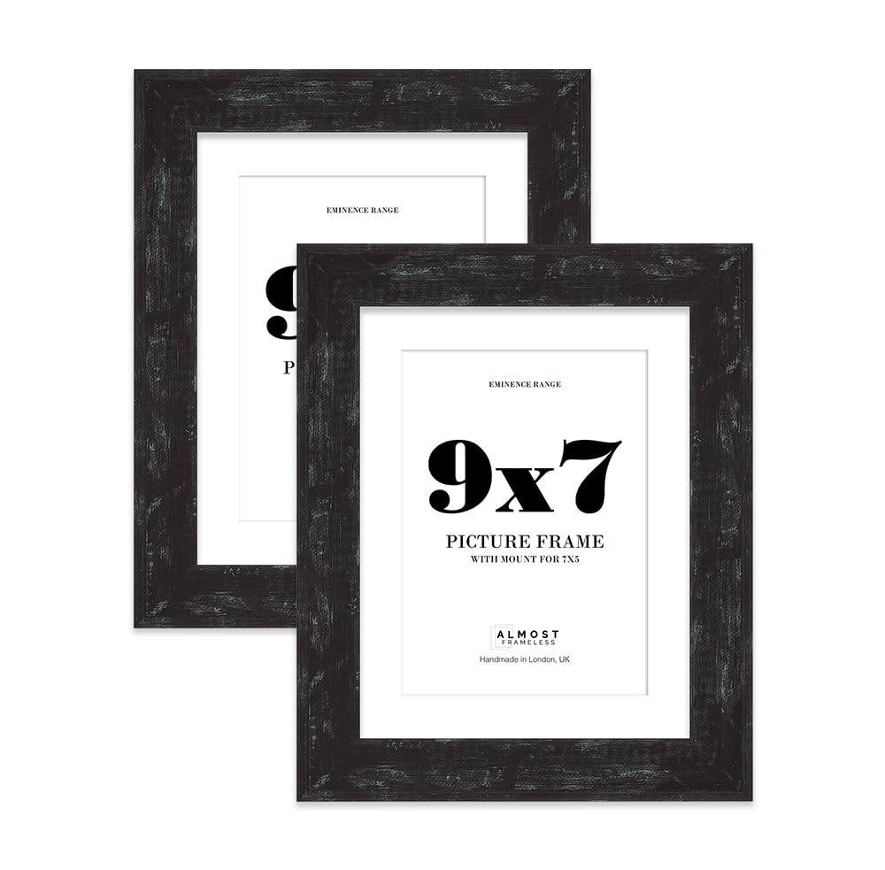 9x7" Distressed Black Picture Frame with 7x5" Mount - Industrial Photo Frame with Distressed Finish, Wall Hooks and Kickstand, 32mm Edge - 2 Pack