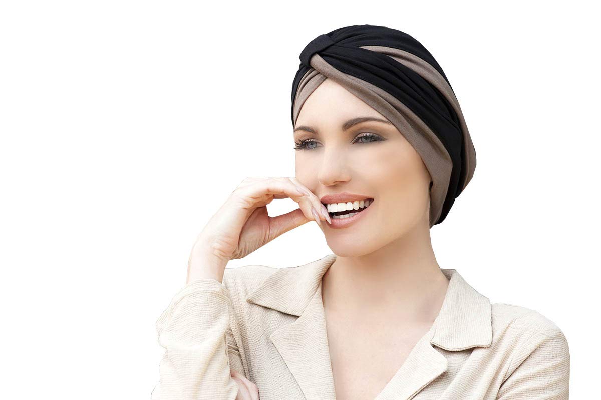 MASUMI Women Cotton Cap for Hairloss, Chemo Headwear for Women, Cancer Headwear for Ladies with Alopecia Hairloss Chemotherapy Turban Hat Amelia (Black and Taupe)