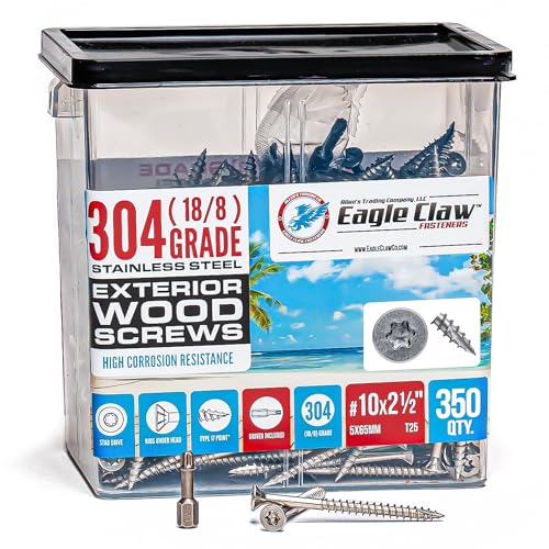Image of #10 x 2 1 /2 Inch Stainless Steel Deck Screws | 304 Grade (350 Pack) | Flat Head T25 Star Torx Drive | Stainless Steel Screws by Eagle Claw Fasteners | Corrosion & Rust Resistant (Includes Driver Bit)