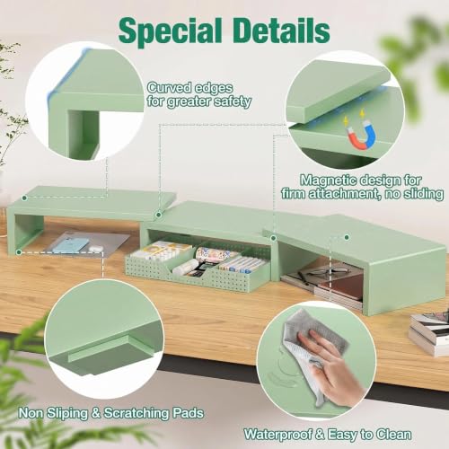 Image of OPNICE Dual Computer Monitor Stand Riser, Desk Organizer with Drawer, Office Desk Accessories & Workspace Organizers for Home Office Supplies, Green