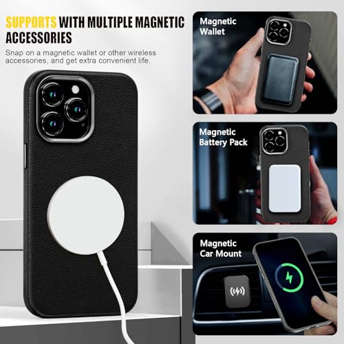 Image of Genuine Leather Case for iPhone 15 Pro Compatible with Magsafe Black | Non-Slip Pebbled Leather, Stylish, Slim Fit, Super Magnetic, Compatible with Wireless Charging, Metal Buttons, Camera Bezel