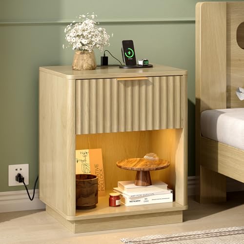 Image of VINGLI Nightstand with Charging Station, LED Nightstand Fluted with Rounded Edge, 19 inch W Mid Century Modern Night Stand for Bedroom, Fluted Bed Side Table, Oak, 18.9 inch W*15 inch D*22.4 inch H