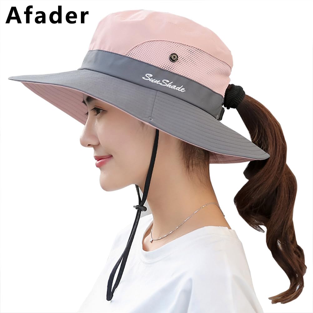 Sombrero de sol de senderismo para mujer, protección UV, para viajes, exteriores, plegable, con agujero para cola de caballo, Rosado 2