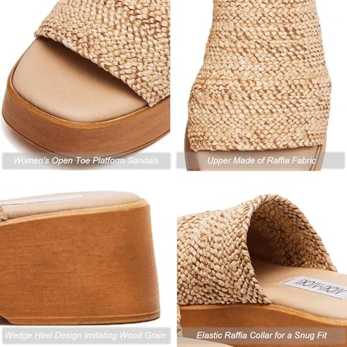 VICKI·VICKI Platform Sandals Women Raffia Slip On Wedge Sandals Summer Open Toe Espadrille for Women Comfort Straw Beach Casual Shoes3