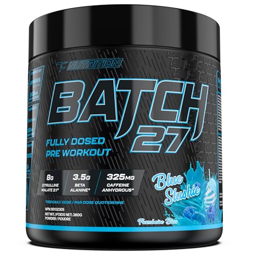 Image of TC Nutrition Batch 27 Pre Workout Powder - 8g Citrulline, 3.5g Beta Alanine, 2.5g Betaine, 325mg Caffeine | Instant Energy, Focus, Pumps, & Strength | Nitric Oxide Booster 20 sv (Blue Slushie)