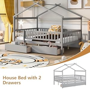 Full Size Bed Frame for Kids Wood House Bed with 2 Drawers Montessori Platform Bed with Roof and Fence for Boys Girls Gray 795L x 57W x 629H