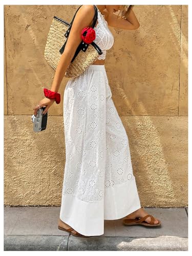 MakeMeChic Women's Boho Eyelet Embroidery Wide Leg Palazzo Pants High Waist Baggy Trousers4
