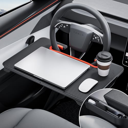 Image of YONZEE 2-in-1 Car Steering Wheel Desk Tray & Car Seat Gap Filler Organizer - Foldable Carbon Fiber Look Table for Laptop, Eating, Writing - for Standard Round Steering Wheels